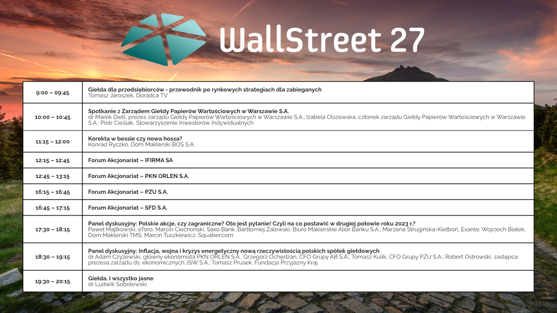 Program Transmisji na żywo konferencji WallStreet 27dotyczącej inwestycji, strategii w biznesie