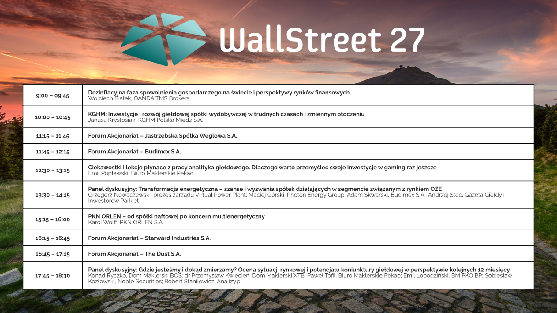 Program Transmisji na żywo konferencji WallStreet 27dotyczącej inwestycji, strategii w biznesie